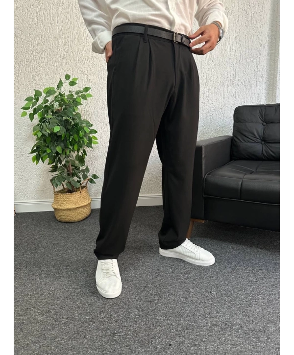 Siyah Pileli Kumaş Baggy Pantolon