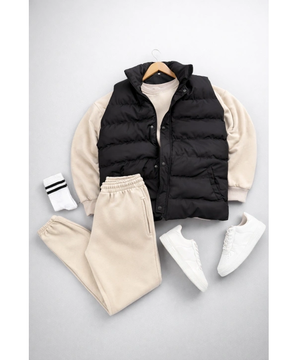 Siyah Şişme Yelek & Bej Bisiklet Yaka Sweat & Bej Eşofman Altı 3lü Set