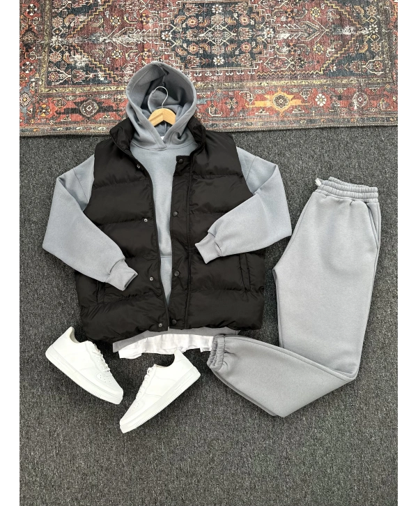 Siyah Şişme Yelek & Gri Kapüşonlu Sweat & Gri Eşofman Altı 3lü Set