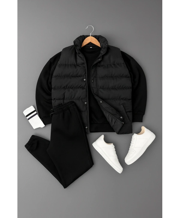 Siyah Şişme Yelek & Siyah Bisiklet Yaka Sweat & Siyah Eşofman Altı 3lü Set