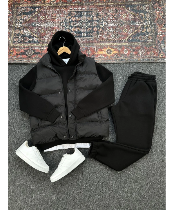 Siyah Şişme Yelek & Siyah Kapüşonlu Sweat & Siyah Eşofman Altı 3lü Set