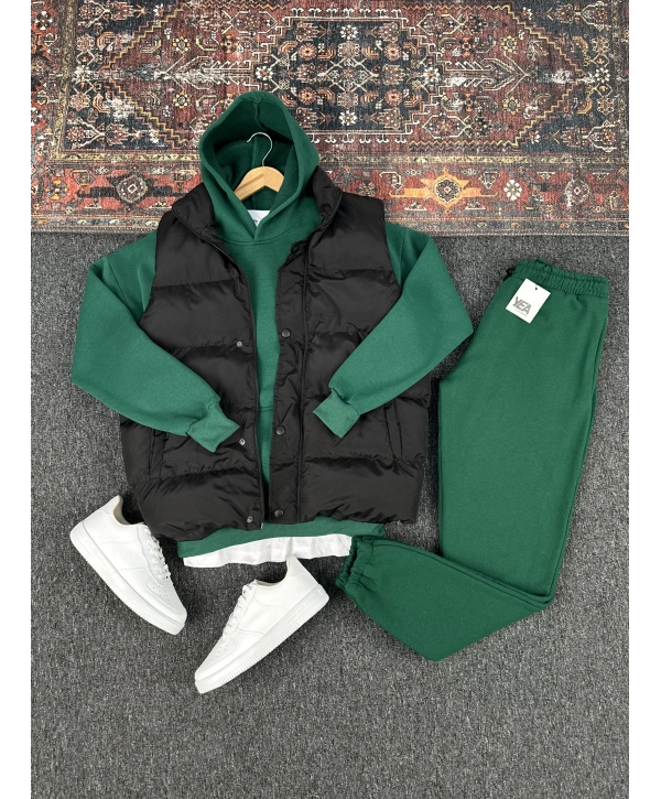 Siyah Şişme Yelek & Yeşil Kapüşonlu Sweat & Yeşil Eşofman Altı 3lü Set