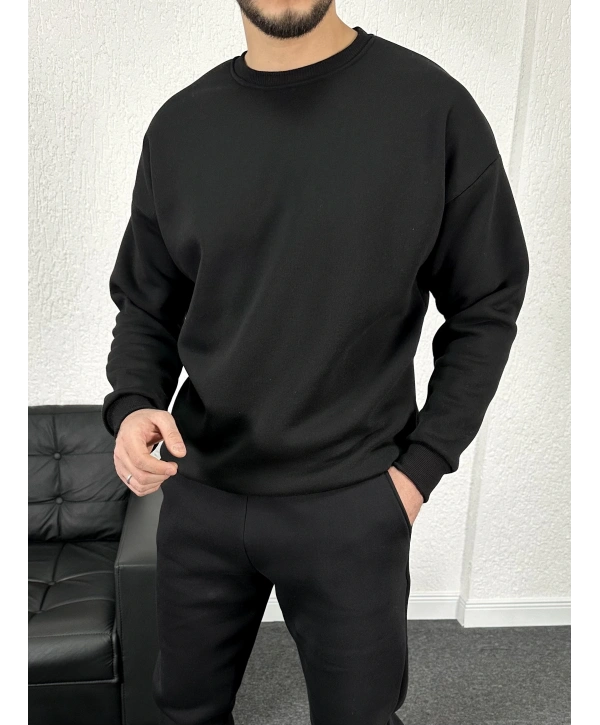 Siyah Üç İplik Bisiklet Yaka Sweat