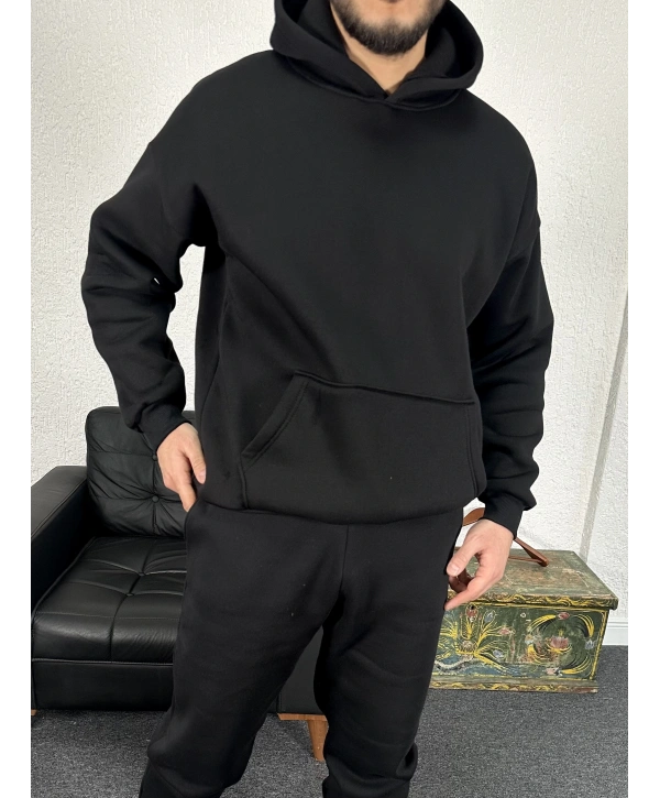 Siyah Üç İplik Kapüşonlu Sweat