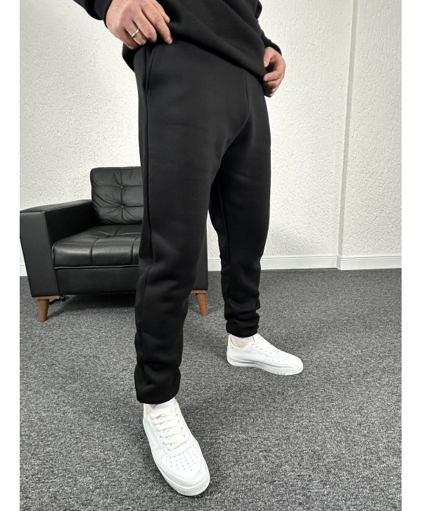 Siyah Üç İplik Şardonlu Basic İçi Polarlı Eşofman Altı