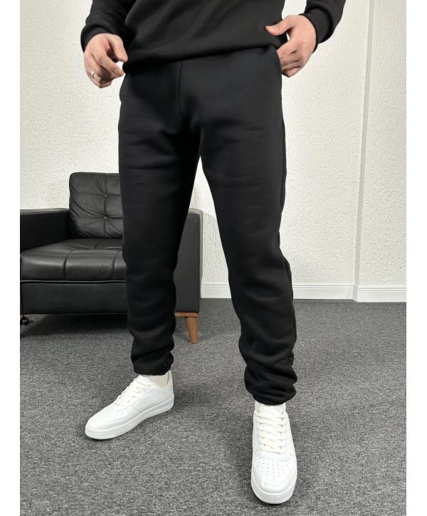 Siyah Üç İplik Şardonlu Basic İçi Polarlı Eşofman Altı