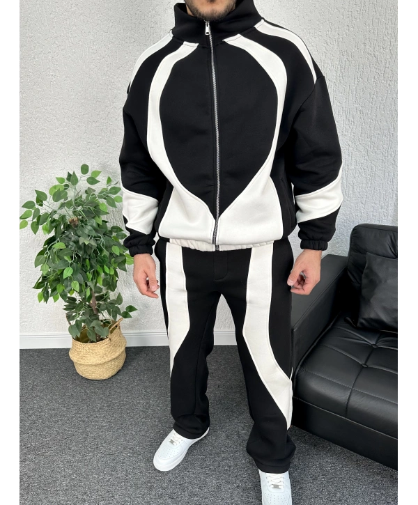 Siyah Üç İplik Şardonlu Parçalı Eşofman Takımı