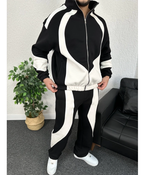 Siyah Üç İplik Şardonlu Parçalı Eşofman Takımı