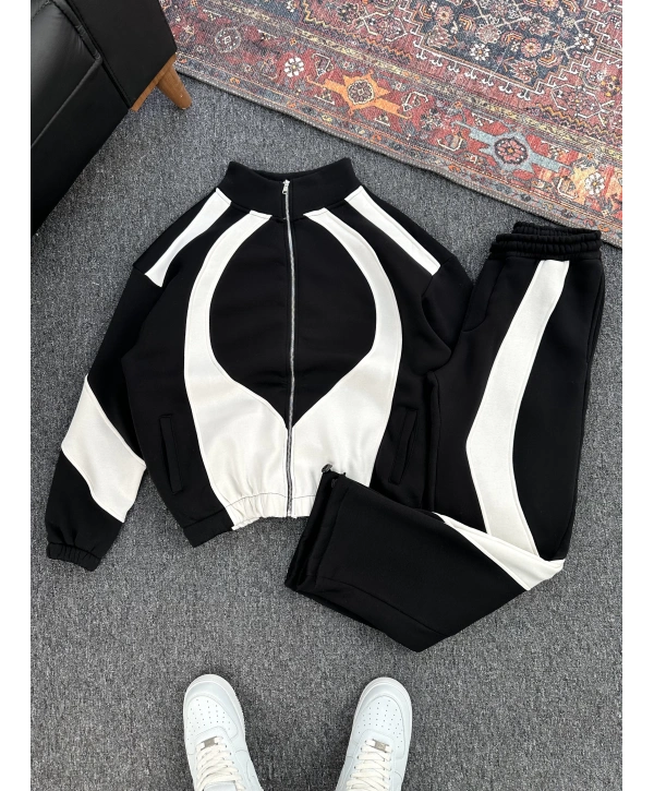 Siyah Üç İplik Şardonlu Parçalı Eşofman Takımı