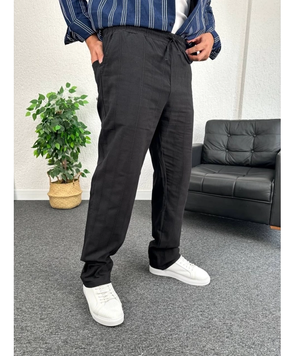 Siyah Zincir Desen Keten Baggy Pantolon