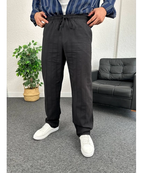 Siyah Zincir Desen Keten Baggy Pantolon