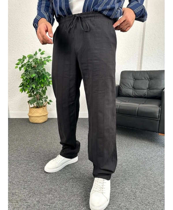 Siyah Zincir Desen Keten Baggy Pantolon
