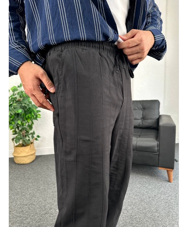 Siyah Zincir Desen Keten Baggy Pantolon