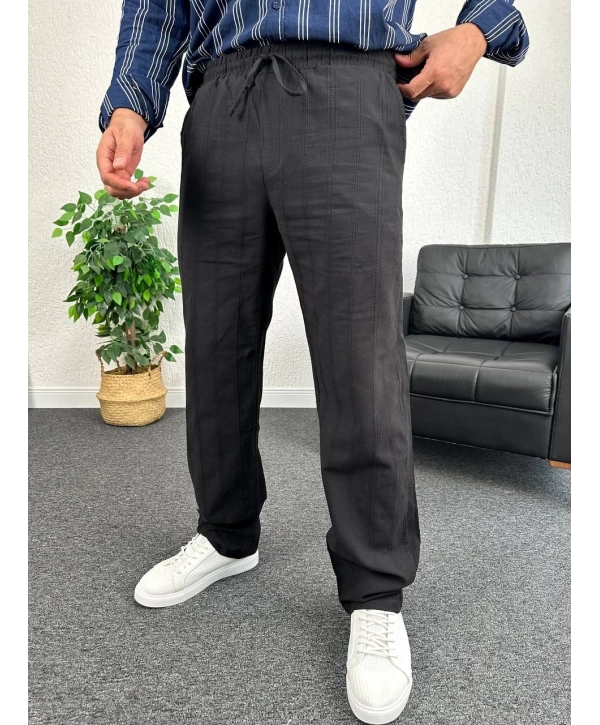 Siyah Zincir Desen Keten Baggy Pantolon
