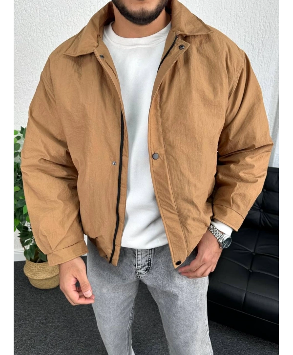 Sütlü Kahve Erkek Oversize Krinkıl Bomber Ceket