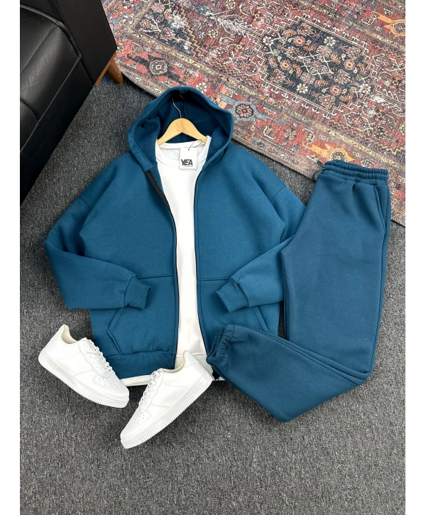 Üç İplik Lacivert Kapüşonlu Hırka & Eşofman 2li Takım