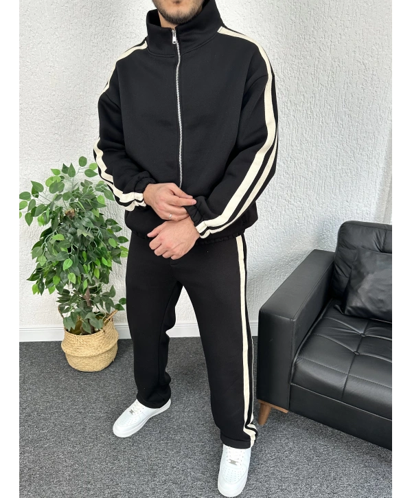 Siyah Üç İplik Şardonlu Beyaz Şerit Detaylı Eşofman Takımı