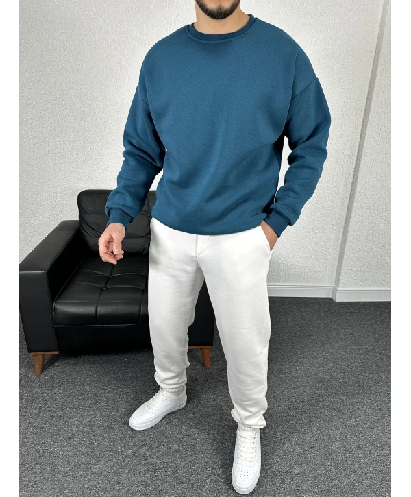 Üç İplik Şardonlu Lacivert Bisiklet Yaka Sweat & Beyaz Eşofman Altı Takım