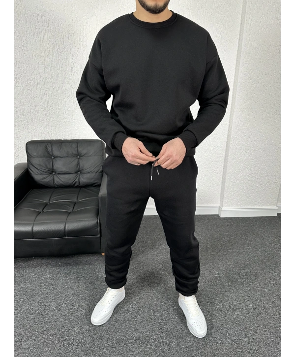 Üç İplik Şardonlu Siyah Bisiklet Yaka Sweat & Siyah Eşofman Altı Takım