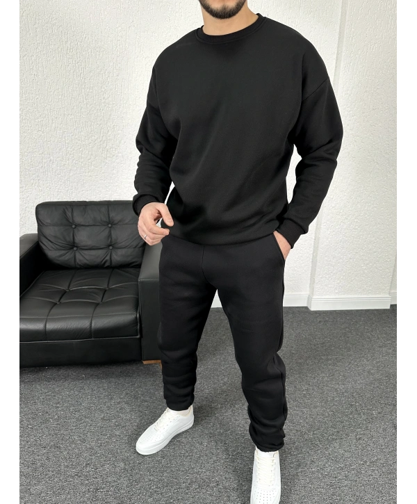 Üç İplik Şardonlu Siyah Bisiklet Yaka Sweat & Siyah Eşofman Altı Takım