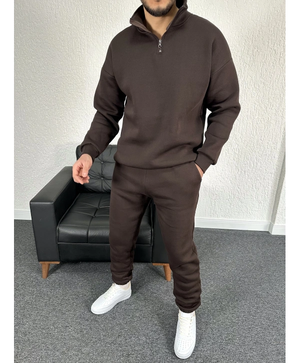 Üç İplik Kahverengi Yarım Fermuarlı Sweat & Kahverengi Eşofman Altı Takım