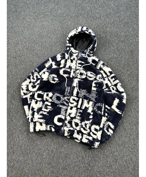 Yazı Desen Detaylı Peluş Ceket