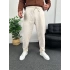 Bej Duble Paça Pileli Ham Keten Pantolon