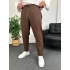 Kahverengi Duble Paça Pileli Ham Keten Pantolon