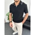 Siyah Örme Kumaş Şeritli Apaç Yaka Tişört