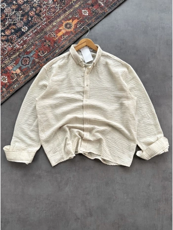 Erkek Bej Krinkıl Keten Kumaş Regular Fit Gömlek