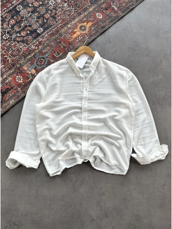 Erkek Beyaz Krinkıl Keten Kumaş Regular Fit Gömlek