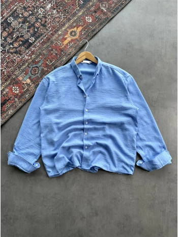 Erkek Bebe Mavi Krinkıl Keten Kumaş Regular Fit Gömlek