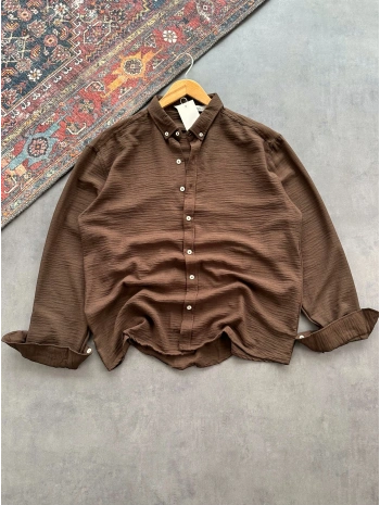Erkek Kahverengi Krinkıl Keten Kumaş Regular Fit Gömlek