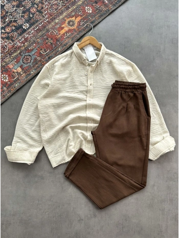 Erkek Bej Krinkıl Keten Gömlek & Kahverengi Pileli Keten Pantolon Kombini