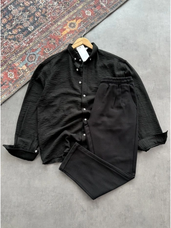 Erkek Siyah Krinkıl Keten Gömlek & Siyah Pileli Keten Pantolon Kombini