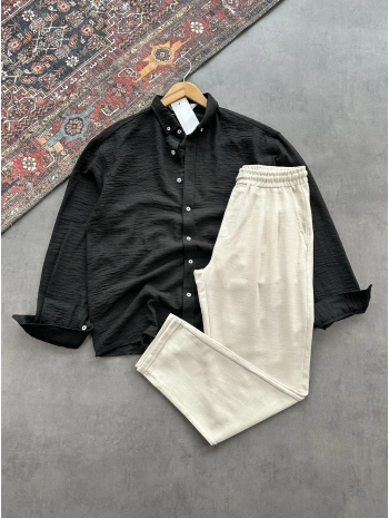 Erkek Siyah Krinkıl Keten Gömlek & Bej Pileli Keten Pantolon Kombini