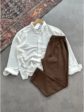 Erkek Beyaz Krinkıl Keten Gömlek & Kahverengi Pileli Keten Pantolon Kombini