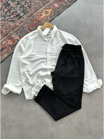 Erkek Beyaz Krinkıl Keten Gömlek & Siyah Pileli Keten Pantolon Kombini