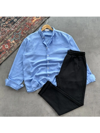 Erkek Bebe Mavi Krinkıl Keten Gömlek & Siyah Pileli Keten Pantolon Kombini