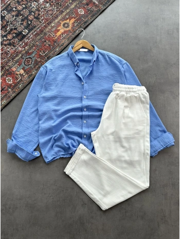 Erkek Bebe Mavi Krinkıl Keten Gömlek & Beyaz Pileli Keten Pantolon Kombini