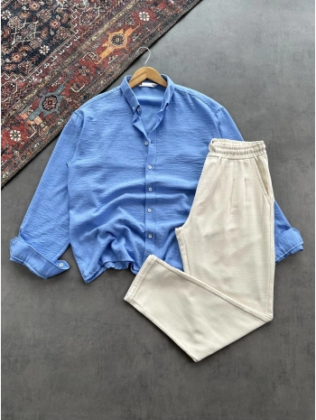 Erkek Bebe Mavi Krinkıl Keten Gömlek & Bej Pileli Keten Pantolon Kombini