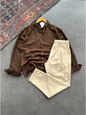 Erkek Kahverengi Krinkıl Keten Gömlek & Bej Pileli Keten Pantolon Kombini