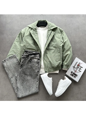 Erkek Haki Oversize Krinkıl Bomber Ceket & Füme Kar Yıkama Baggy Kot Pantolon Kombini