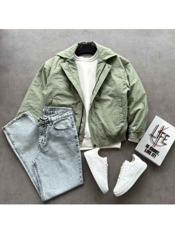 Erkek Haki Oversize Krinkıl Bomber Ceket & Mavi Kar Yıkama Baggy Kot Pantolon Kombini