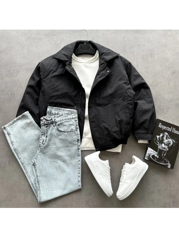 Erkek Siyah Oversize Krinkıl Bomber Ceket & Füme Kar Yıkama Baggy Kot Pantolon Kombini