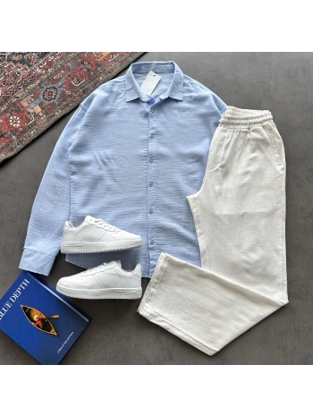 Erkek Mavi Müslin Kumaş Gömlek & Beyaz Ham Keten Pantolon