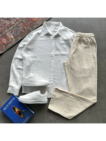 Erkek Beyaz Müslin Kumaş Gömlek & Bej Ham Keten Pantolon