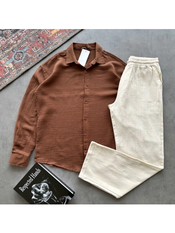 Erkek Kahverengi Müslin Kumaş Gömlek & Bej Ham Keten Pantolon