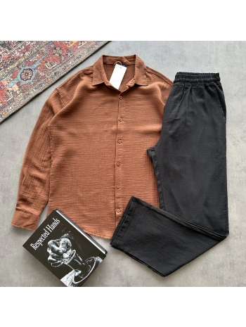 Erkek Kahverengi Müslin Kumaş Gömlek & Siyah Ham Keten Pantolon