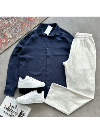 Erkek Lacivert Müslin Kumaş Gömlek & Beyaz Ham Keten Pantolon
